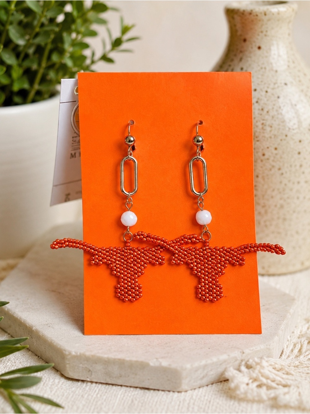 Orange White Longhorn Earrings - Picture 3 of 6